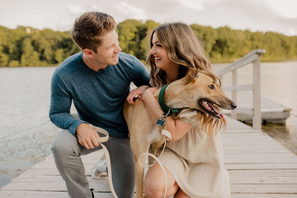 Engagement Photos of Couple at Lake with Dog